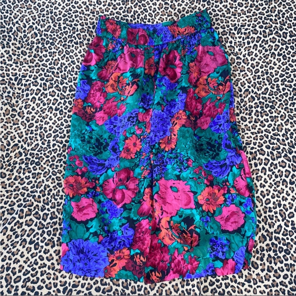 Vintage 100% Silk Floral MIDI Skirt Elastic Waist Colorful Rainbow Loud Artsy